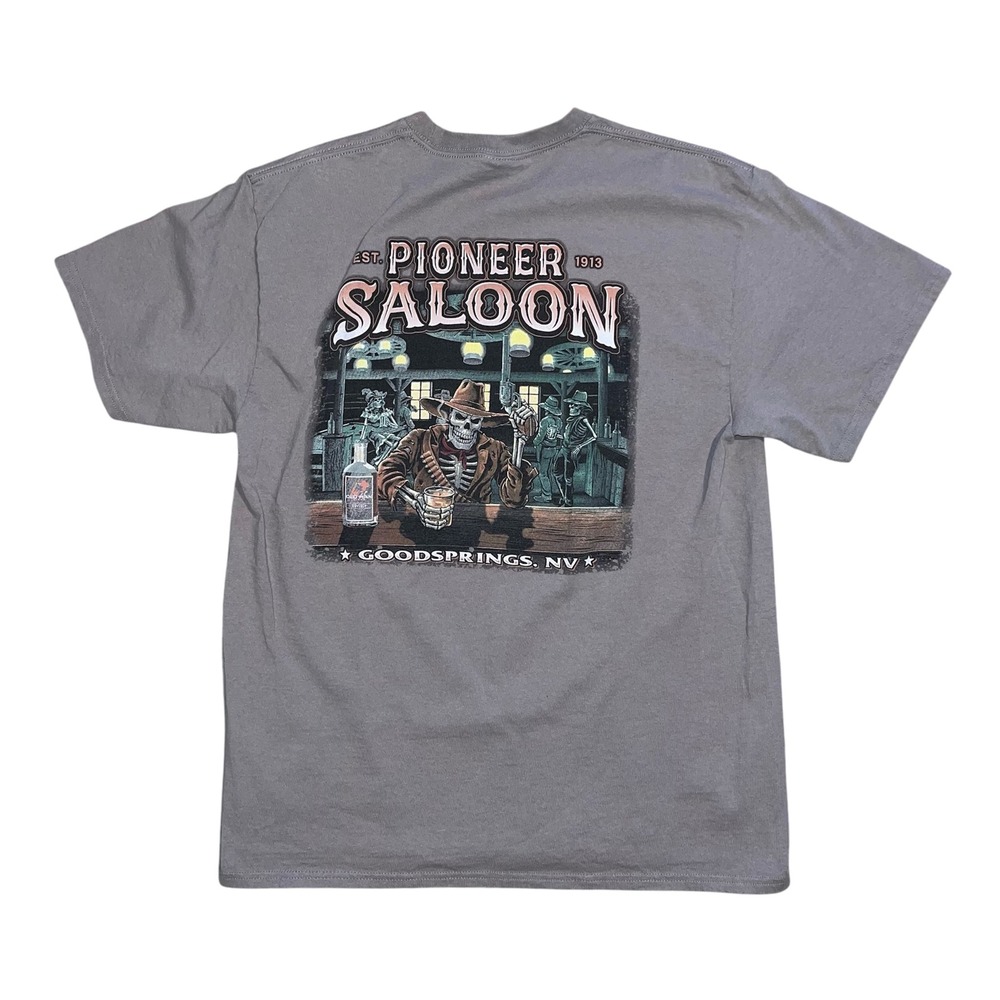 Pioneer Saloon Goodsprings NV‎ Skeleton Cowboy Graphic T-Shirt Mens Large Gray